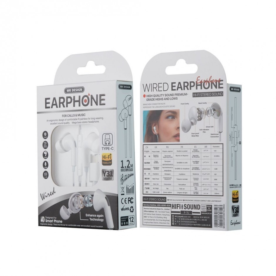 Handsfree ακουστικά Type C με ενσωματωμένο μικρόφωνο WK Y31 λευκά
